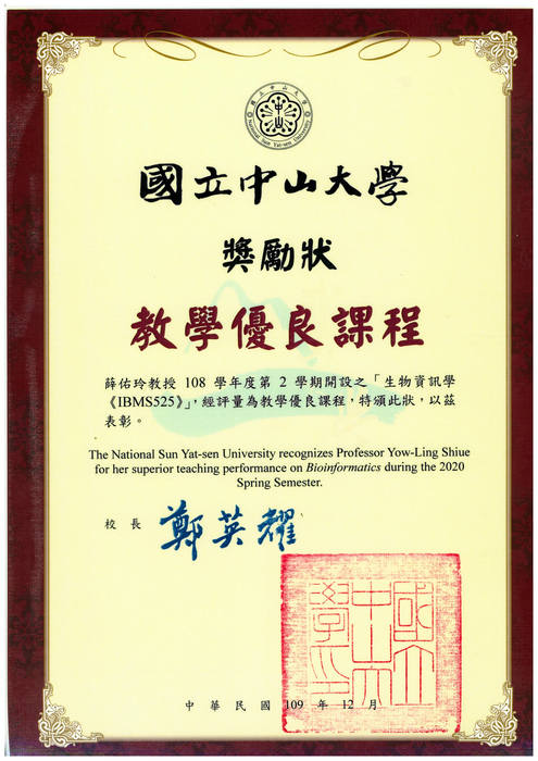賀！！本所教師：薛佑玲教授榮獲108學年度第2學期本校『教學優良課程』教師圖片