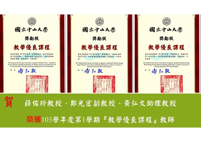 賀！！本所教師：薛佑玲教授、鄭光宏副教授、黃弘文助理教授榮獲103學年度第1學期本校『教學優良課程』圖片