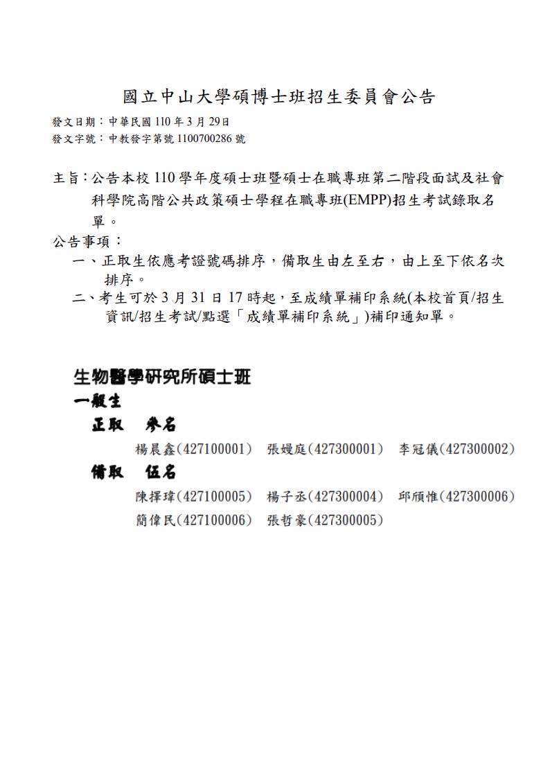 110學年度碩士班招生考試 錄取名單